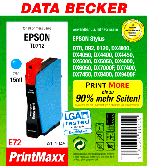 Tintenpatrone E72 cyan, passend f&uuml;r D92/D120/DX8400 (T0712/T0892)